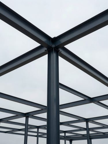 Crisp architectural photography of structural steel framing against a cool overcast sky, high-contrast structural details, wide-angle lens