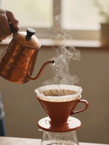 Close-up of hands pouring hot water from a copper kettle over a Hario V60 dripper, soft morning light, steam rising.