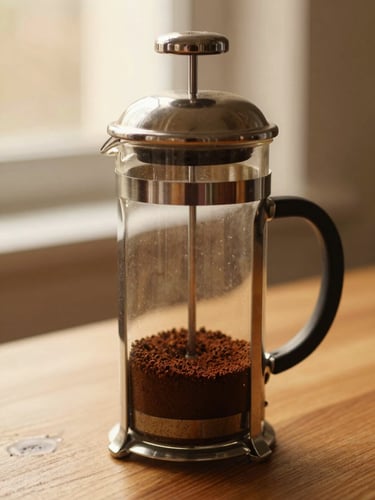 Textured close-up of a glass French press on a wooden table, coffee grounds settling at the bottom, warm window light.