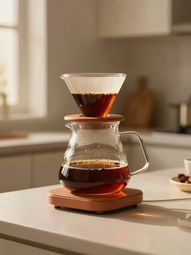 A minimalist electric drip coffee maker with a glass carafe filling with dark coffee, clean kitchen background.