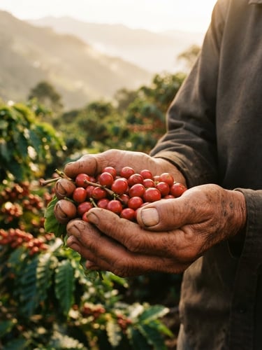 Close-up of weathered hands gently holding freshly harvested, bright red coffee cherries in a high-altitude Colombian plantation, soft warm morning light