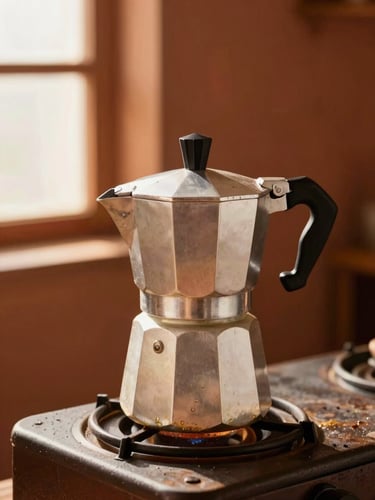 Classic metal Moka pot on a rustic stove, dark rich espresso bubbling up, warm terracotta background.