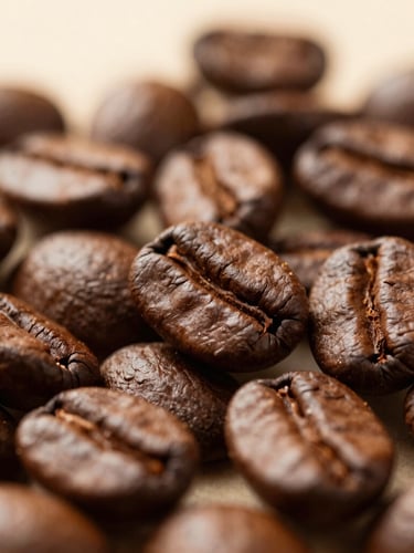 Macro shot of freshly roasted coffee beans, rich textures, warm lighting, shallow depth of field