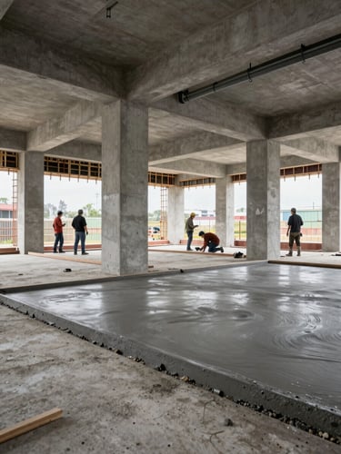Wide environmental shot from inside a commercial renovation site, shot in overcast natural light — concrete structural columns mid-installation, workers in the background handling formwork, raw ceiling exposed with conduit runs visible, foreground sharp on a freshly poured slab edge, no staging or posed crew