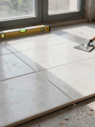 Close-up detail of a tile installation in progress — large-format porcelain tiles being set on a residential floor, natural window light raking across the surface revealing grout joint precision, a trowel and level resting at the tile edge, no people visible, documentary framing