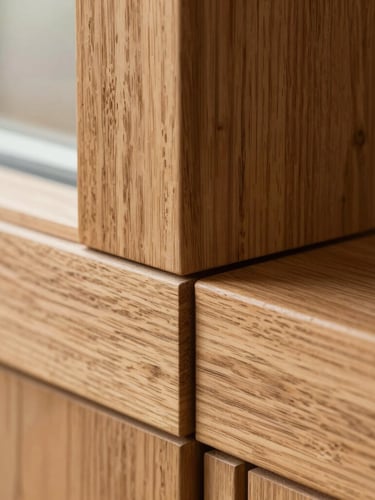 Extreme close-up of a perfectly aligned wood joint in warm oak, seamless grain matching, soft side window light highlighting the texture, architectural precision.