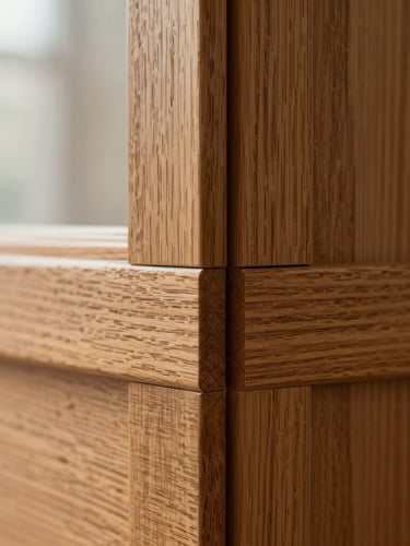 Extreme close-up of a flush wood joint in warm oak, showing perfect grain alignment and invisible seams under soft window light, architectural detail.