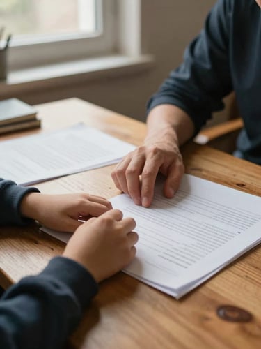 Close-up of two pairs of hands — an adult's and a child's — resting on a wooden table beside open papers, north-facing window light casting soft shadows, authentic community space in background, warm but unpolished setting