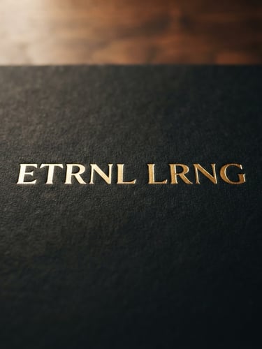 Macro close-up of a textured matte black workbook cover with gold foil lettering reading ETRNL LRNG, resting on a dark walnut desk under soft warm side-light