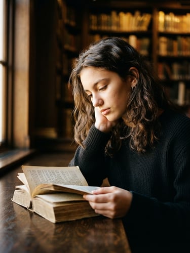 A close-up portrait of an older teen looking down thoughtfully at a book in a sunlit library, soft natural side-lighting, high-contrast shadows, warm gold tones