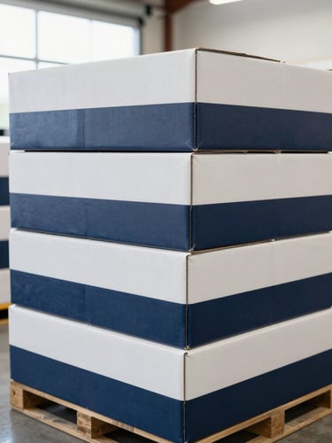 Crisp professional photography of organized cardboard packaging stacked in a bright, clean Gainesville logistics center, natural daylight, 35mm