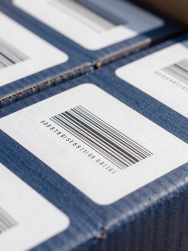 Macro shot of high-quality cardboard packaging with clean white labels, bright natural daylight, sharp focus on structured shipping barcodes, navy tones.