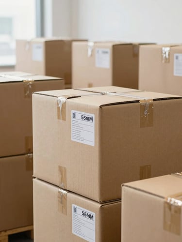 Medium environmental shot of an organized logistics center with bright natural diffused daylight, clean cardboard packaging with clear labels, crisp professional photography, 35mm focus