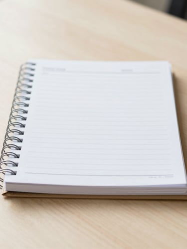 Straight-on clean composition of an organized desk with a physical ledger, bright natural diffused daylight, warm neutral tones, shallow depth of field.