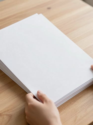 A high-angle minimalist shot of hands organizing clean white folders on a warm wooden desk, soft natural morning light, 50mm lens