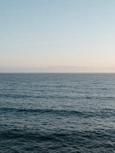 Expansive ocean horizon in Manhattan Beach under soft, diffused morning light, high negative space, calm coastal atmosphere.