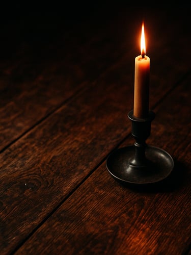 Close-up of bespoke table textures with dramatic low-key candlelight, rich atmospheric tones, high contrast, 35mm film style.