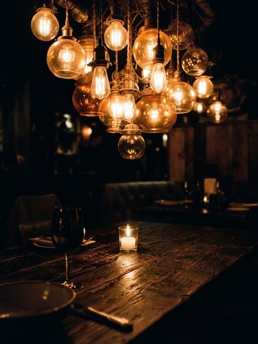 Moody close-up of a custom amber lighting installation over dark textured tables, low-key candlelight, high contrast, 35mm film style