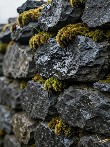 Close-up portrait crop of hand-cut dark slate stone wall with wet moss growing in the deep crevices, soft diffused overcast morning light.