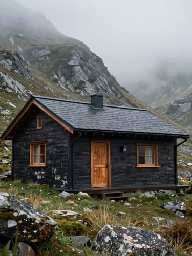Primer plano de una cabaña minimalista de piedra oscura y madera recuperada, perfectamente integrada en la ladera húmeda de la montaña asturiana, bajo la niebla