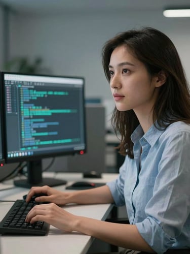 A raw, unposed portrait of a female software engineer in her cool-toned office environment, sitting at a desk with dual monitors, looking thoughtfully slightly off-camera.