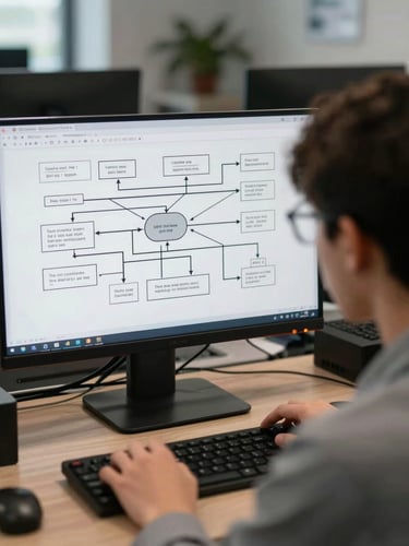 Over-the-shoulder shot of a student analyzing a complex system diagram on a dual-monitor setup in a cool-toned daylight office, focused workspace environment, natural lighting.