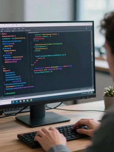 Over-the-shoulder shot of a developer analyzing a complex React codebase on a large monitor, cool daylight, sharp focus on the screen.