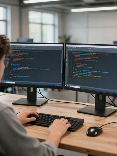 Over-the-shoulder view of a student analyzing code on a dual-monitor setup in a bright, industrial co-working space