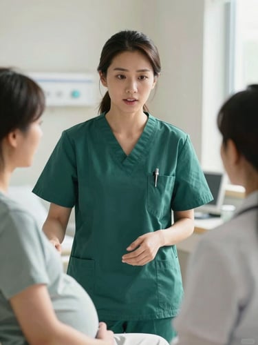 A reassuring female doctor in a deep forest green uniform speaking with a patient in a sunlit maternity room, soft natural light, medium shot focusing on empathetic connection, clean clinical background.