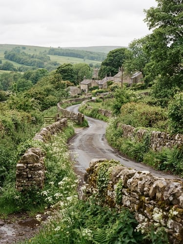 Wide environmental shot of a quiet UK country lane with historic stone walls and soft overcast British daylight, lush green foliage, 35mm film style.