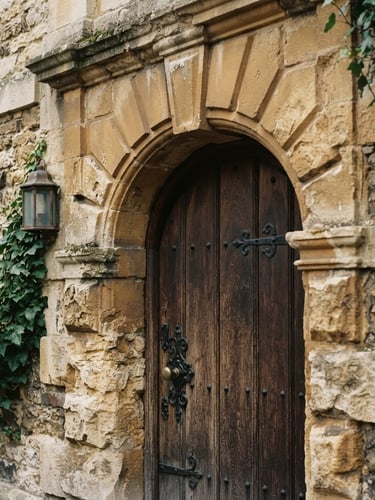 Close-up of historic stone masonry of a UK townhouse gateway, soft morning light, 35mm film style