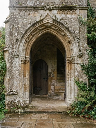 Architectural detail of historic stone masonry archway, soft overcast British daylight, muted stone and green tones, 35mm film