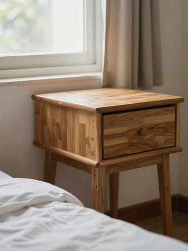 Close-up editorial frame of a well-kept bedroom interior — soft morning light raking across a textured linen headboard, a brass bedside lamp unlit, warm timber flooring visible in the foreground, no people, no staging props, shallow depth giving way to a window with diffused daylight beyond