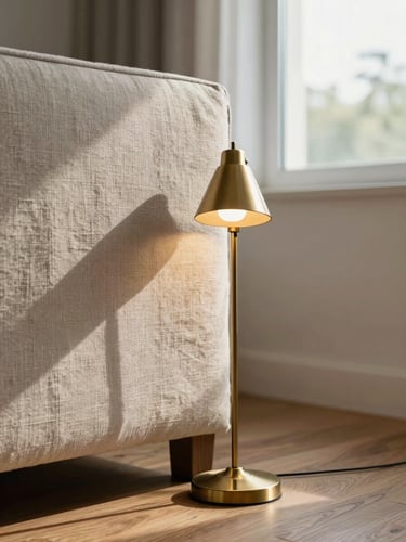 Close-up editorial frame of a well-kept bedroom interior — soft morning light raking across a textured linen headboard, a brass bedside lamp unlit, warm timber flooring visible in the foreground, no people, no staging props, shallow depth giving way to a window with diffused daylight beyond