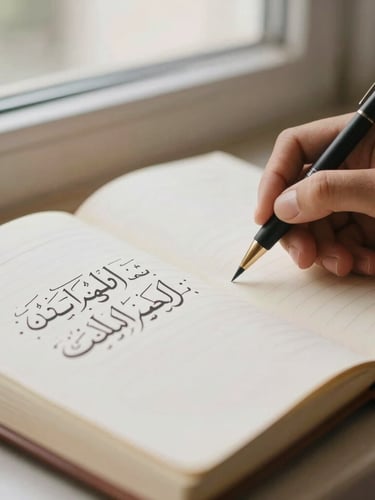 A close-up of a student's hand writing elegant Arabic and English calligraphy in a leather-bound journal, soft warm window light, 35mm photography