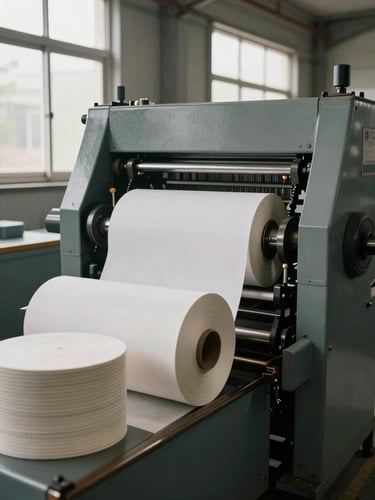 Wide environmental shot inside a factory showing a paper plate machine in operating position with a roll of paper stock loaded at the feed end and a stack of finished plates at the output, natural daylight from a side window, hands visible adjusting a die on the press