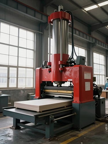 Wide environmental shot from the right side of a factory floor—a red-accented hydraulic plate-pressing machine stands in full operating position under clean daylight from factory windows, steel frame and hydraulic cylinder prominent, finished paper plate stack visible at the output tray, no workers, industrial floor visible