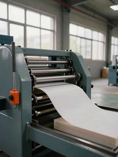 Wide environmental shot from the left side of a factory floor, a semi-automatic paper plate press in mid-cycle — the ram descending onto the die — hydraulic orange control lever visible in the foreground, natural daylight entering from a row of factory windows along the back wall, slight motion blur on the ram arm, finished plate stack visible at machine base