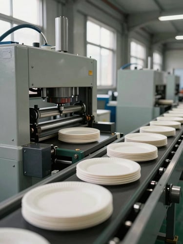 Wide environmental shot of a paper plate production line inside a daylight-lit factory, hydraulic press machine in operating position left of frame, stacks of finished plates visible mid-run on the conveyor, ambient light from factory-side windows, no studio lighting, mechanical components sharp in foreground