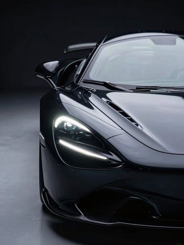 Sleek exotic sports car with deep black paint reflecting sharp LED light bars in a dust-free studio, high-contrast, macro focus, 35mm lens