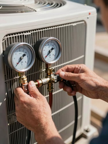 Close-up of a technician's hands in bright Texas sunlight adjusting manifold gauges connected to a residential condenser unit, focused and highly technical.
