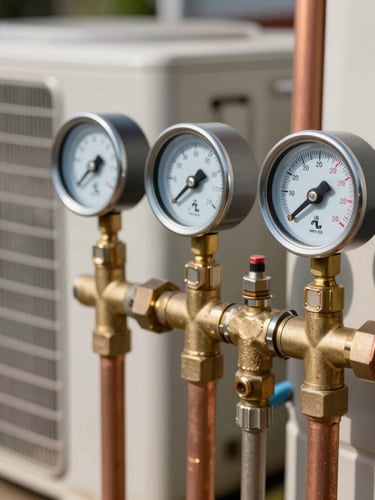 Close-up of brass manifold gauges connected to copper refrigerant lines on an outdoor AC condenser unit, natural Texas sunlight, sharp focus on dials