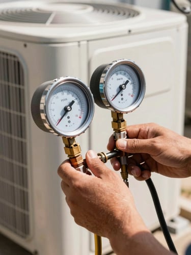 Close-up of a technician's hands adjusting a manifold gauge on a residential condenser unit under bright Texas sunlight.