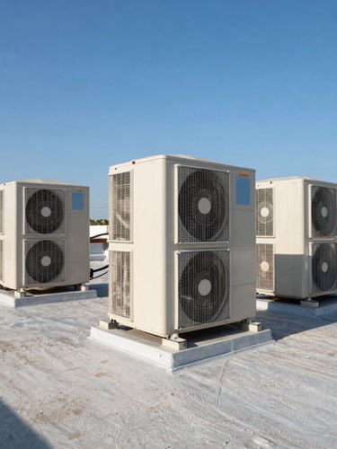 Wide angle shot of heavy-duty commercial rooftop HVAC units on a light gray gravel roof under intense, bright Texas afternoon sunlight, clear blue sky background.