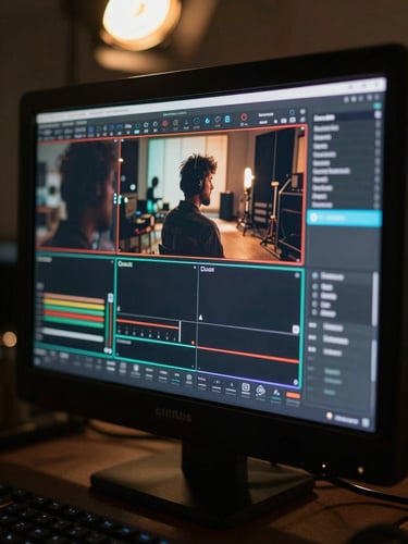 Close-up of a professional production monitor showing live cinematic footage of a creator in a low-light studio, technical UI overlays, amber key light.