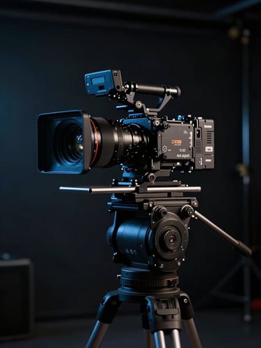 Low-key high-contrast cinematic shot of a high-end camera rig on a dark studio set, cold blue key light cutting through the shadows, anamorphic framing.