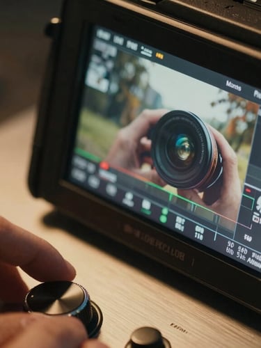 Extreme macro close-up of a premium camera monitor displaying live video editing, hands adjusting a dial on a brushed metal console, warm amber accent lighting.