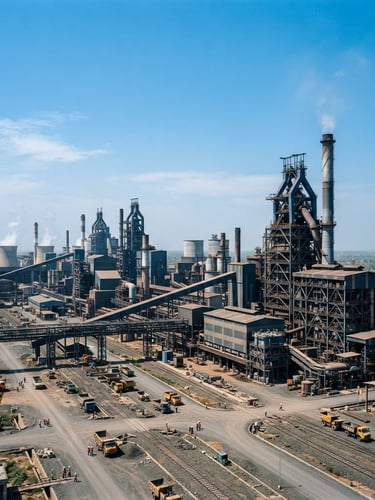 Wide environmental shot of a modern industrial complex in Raipur, India, under bright daylight, with a clear blue sky, showing scale and precision.