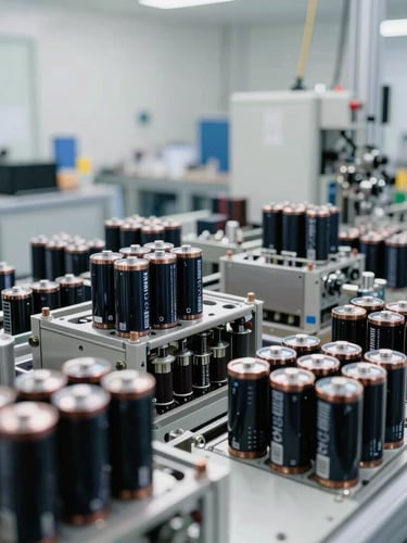 Wide environmental shot of a clean-room battery assembly line, bright natural daylight, high contrast, deep slate and steel tones, 35mm