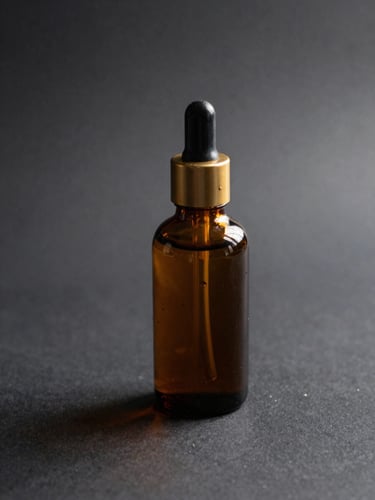 Close-up of a dark amber glass grooming product bottle standing on a matte charcoal surface, single warm brass-toned directional light from the left casting a precise shadow, extreme product isolation, no background clutter, studio-controlled lighting
